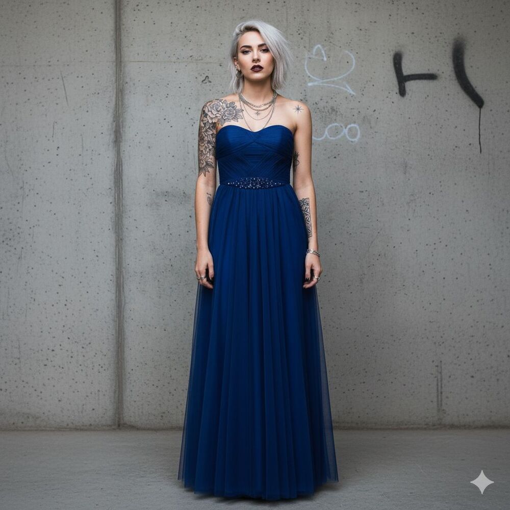 ML Monique Lhuillier Royal Blue Beaded Tulle Strapless Sweetheart Gown Sz 2 Gala